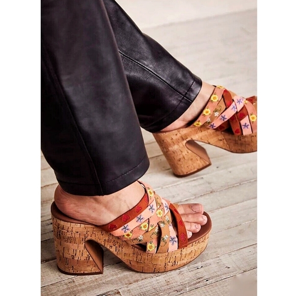 Free People Lisbon Sandbar Multi Suede Leather High Heel Platform Mules - Picture 2 of 13